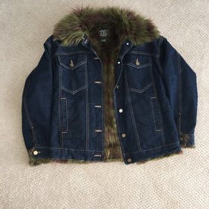 BDG Jean jacket with faux green and purple fur